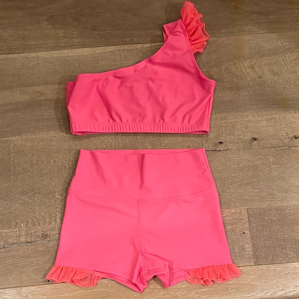 Girls' Coral Pink Ruffle One-Shoulder Matching Set